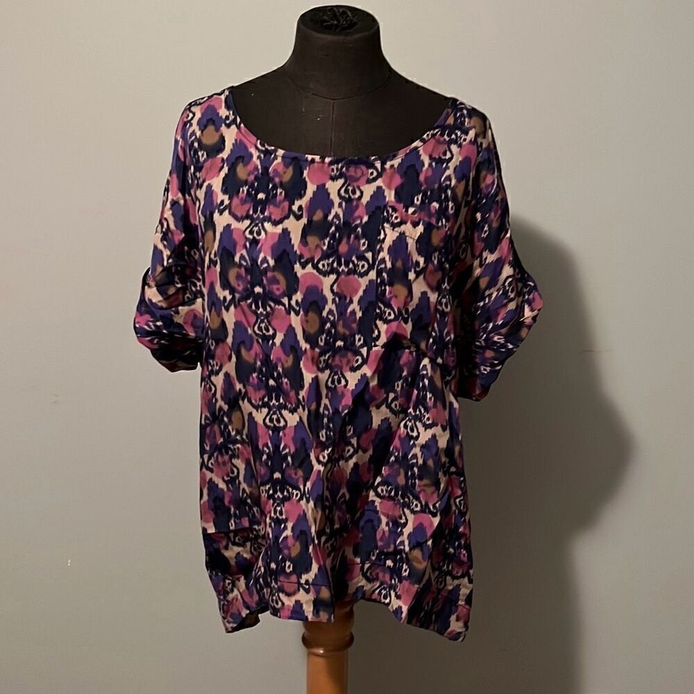 Sanctuary Women's Purple Ikat Allover Print Loose Fit Scoop Neck Blouse